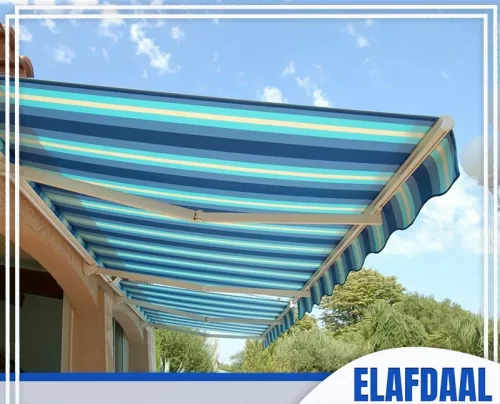 مظلات تفصيل بالرياض 0569607972 شركة الافضل مجموعة من مظلات الشرفات القابلة للسحب والمزخرفة، تتميز بنمط مقلم بخطوط عريضة ومتناوبة