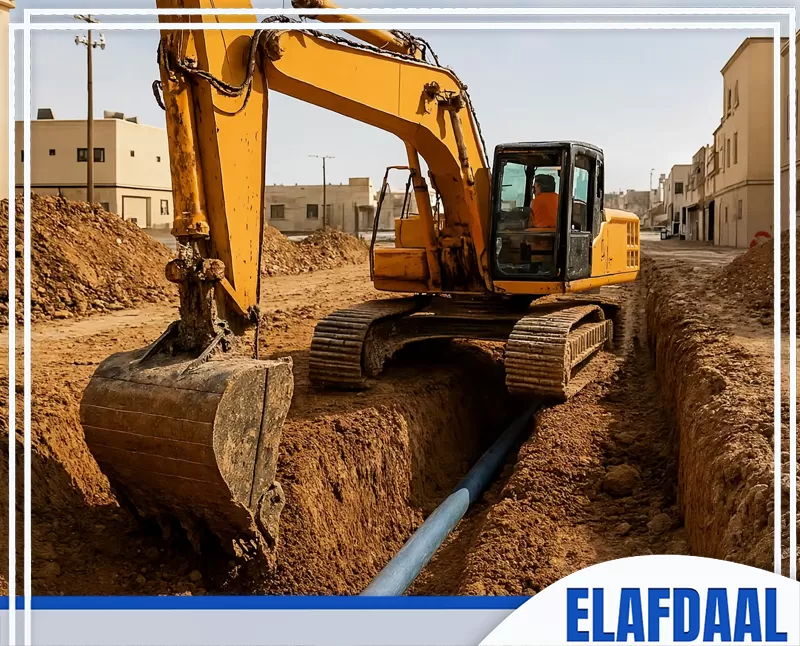 حفارًا يعمل داخل خندق ترابي لتركيب أو صيانة أنبوب أرضي في شارع سكني ضمن أعمال الحفر والتمديدات.